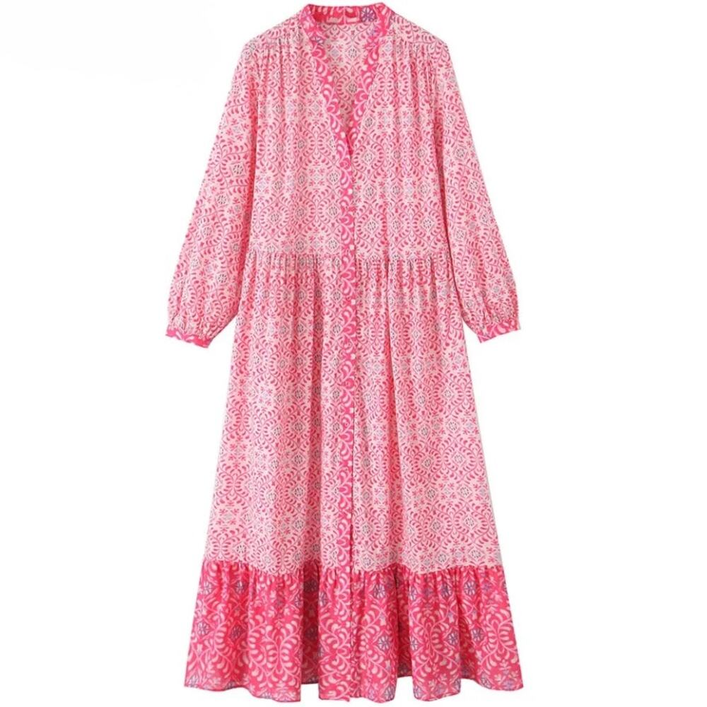 Zara Pink Block Print Tiered‎ Cotton Midi Dress Button Front Boho S